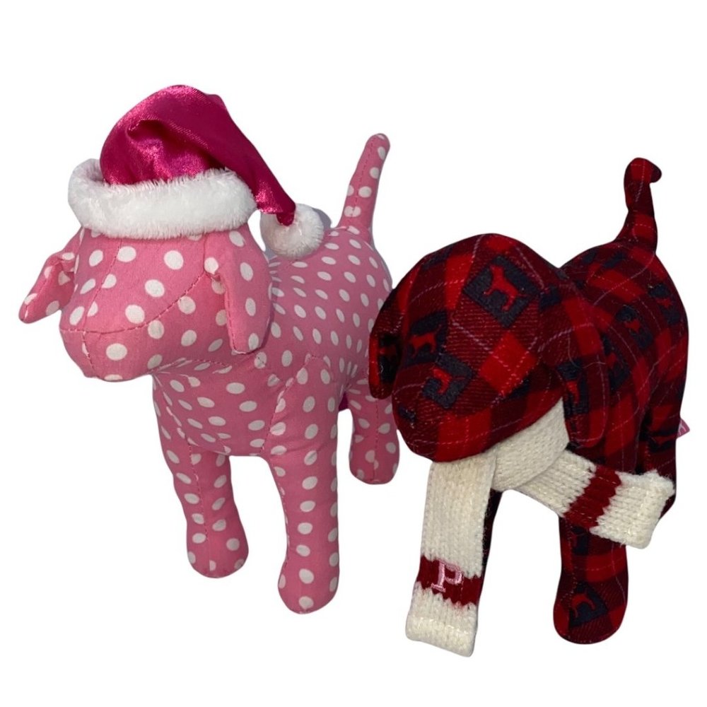 Victoria's Secret Christmas PINK Plush Dogs Red Plaid & Polka Dot
